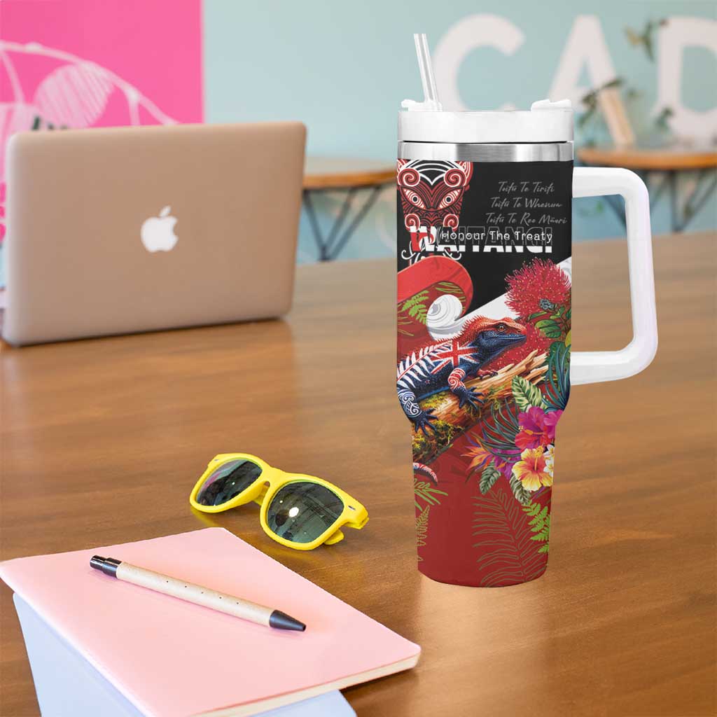 Aotearoa Toitu Te Tiriti Tumbler With Handle Waitangi-Honour The Treaty NZ Tuatara and Plants