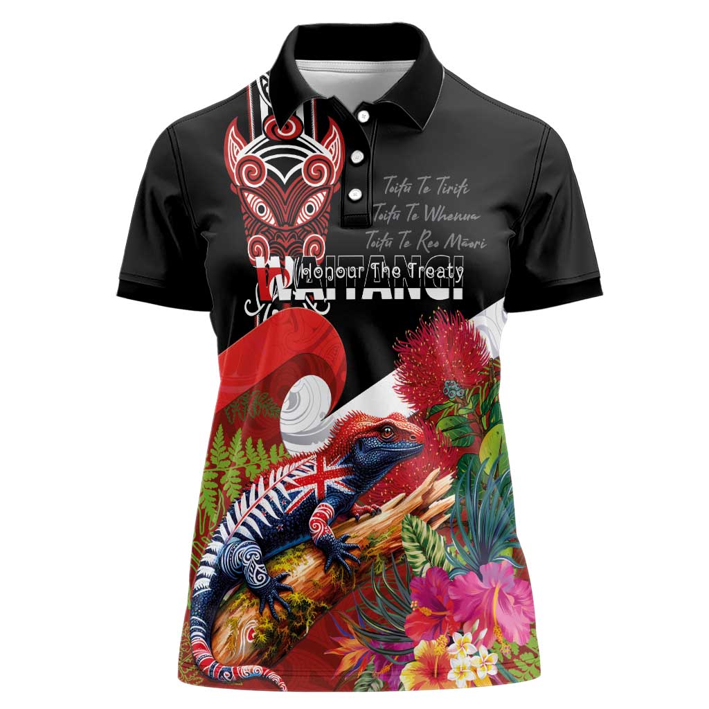 Aotearoa Toitu Te Tiriti Women Polo Shirt Waitangi-Honour The Treaty NZ Tuatara and Plants LT03 Female Multicolor - Polynesian Pride