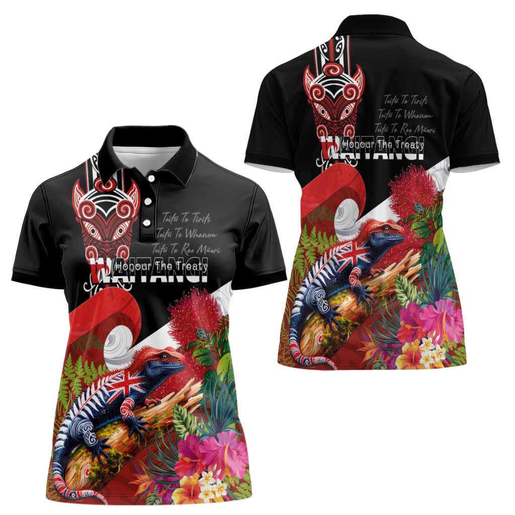 Aotearoa Toitu Te Tiriti Women Polo Shirt Waitangi-Honour The Treaty NZ Tuatara and Plants LT03 - Polynesian Pride