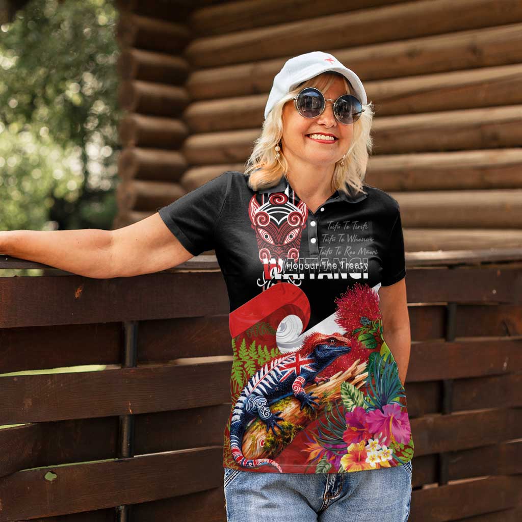 Aotearoa Toitu Te Tiriti Women Polo Shirt Waitangi-Honour The Treaty NZ Tuatara and Plants LT03 - Polynesian Pride