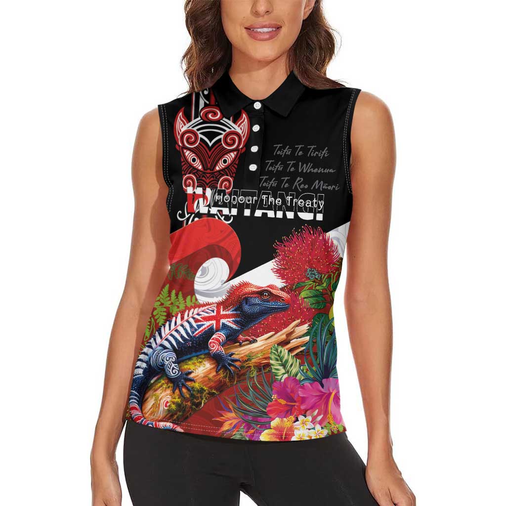 Aotearoa Toitu Te Tiriti Women Sleeveless Polo Shirt Waitangi-Honour The Treaty NZ Tuatara and Plants LT03 - Polynesian Pride