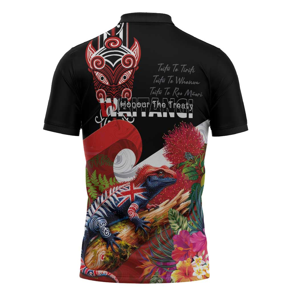 Aotearoa Toitu Te Tiriti Zipper Polo Shirt Waitangi-Honour The Treaty NZ Tuatara and Plants LT03 - Polynesian Pride
