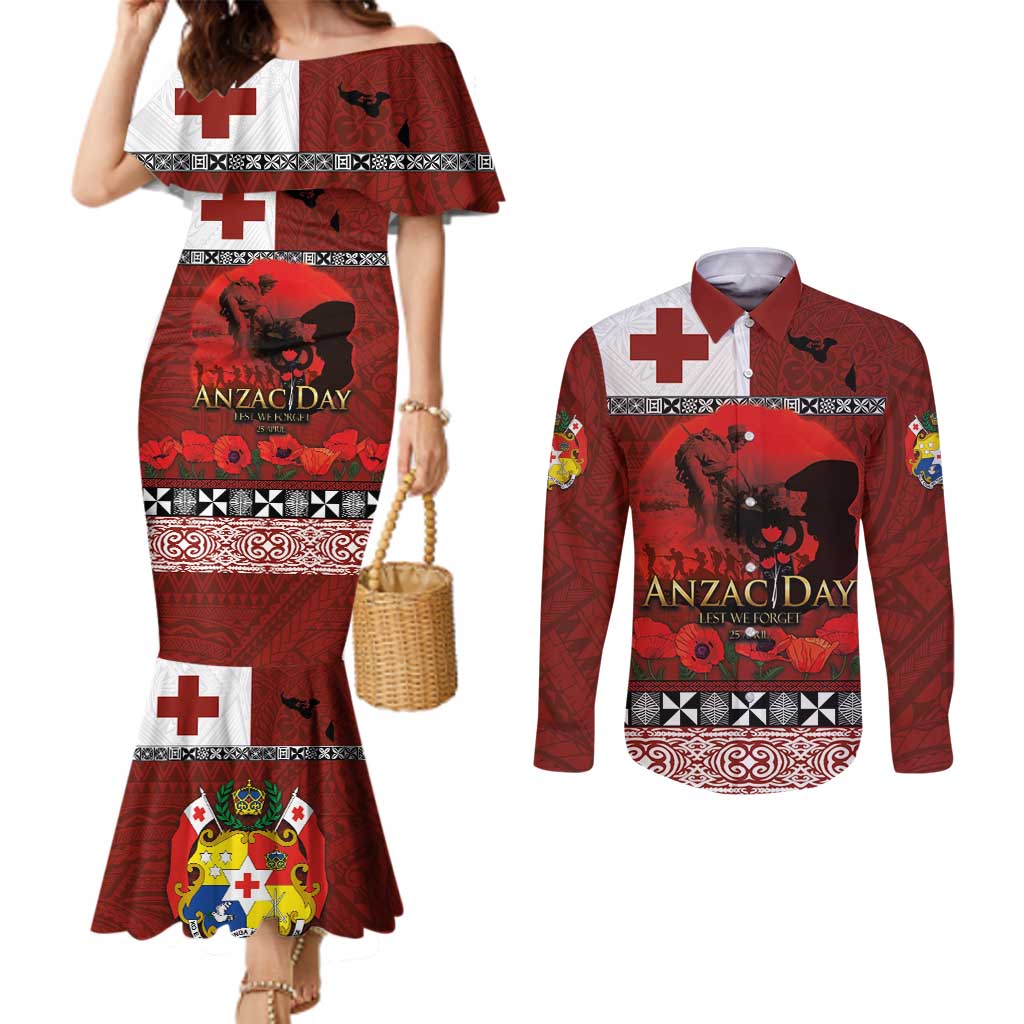 Tonga ANZAC Day Couples Matching Mermaid Dress and Long Sleeve Button Shirt Gallipoli Lest We Forget Ngatu Art Tribal