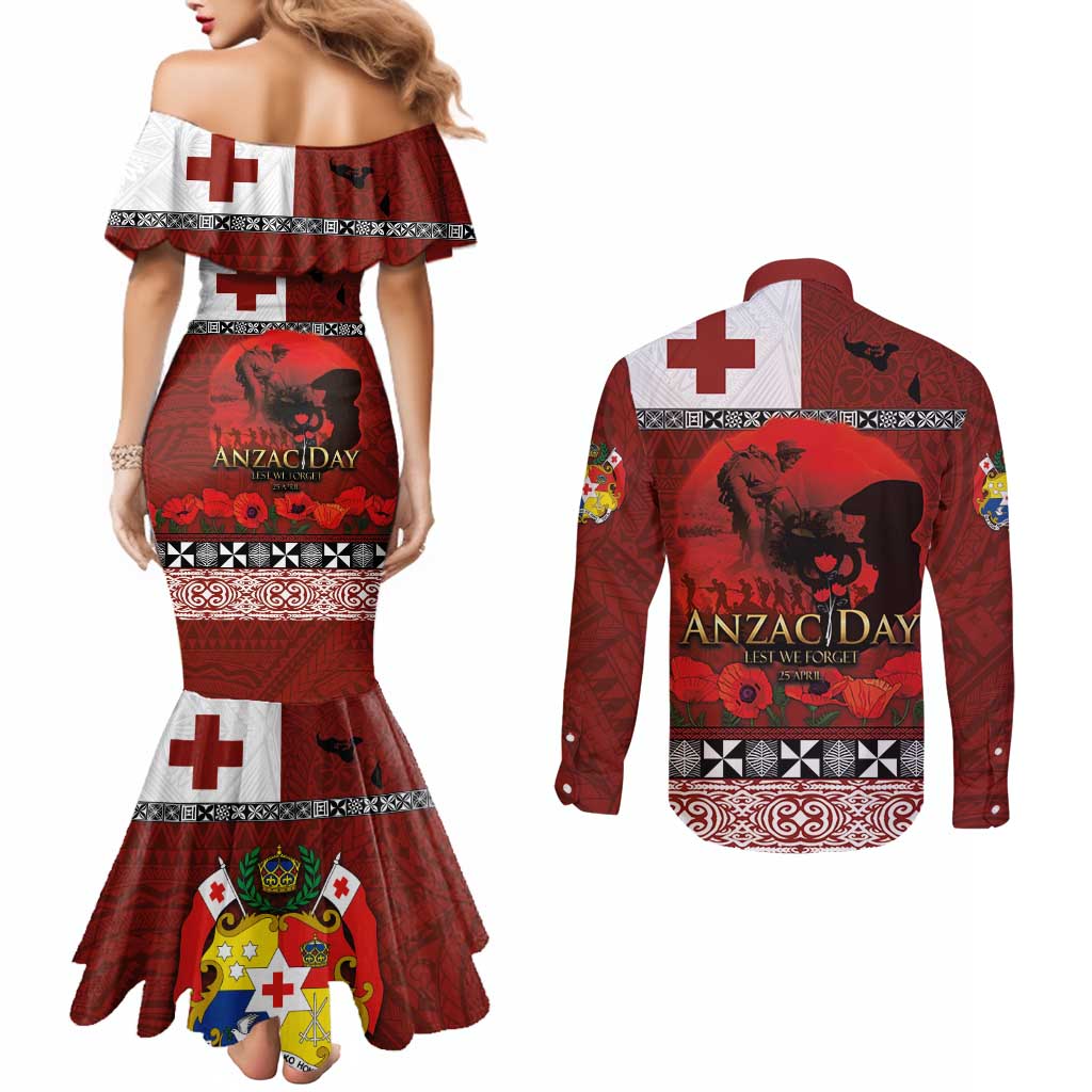 Tonga ANZAC Day Couples Matching Mermaid Dress and Long Sleeve Button Shirt Gallipoli Lest We Forget Ngatu Art Tribal