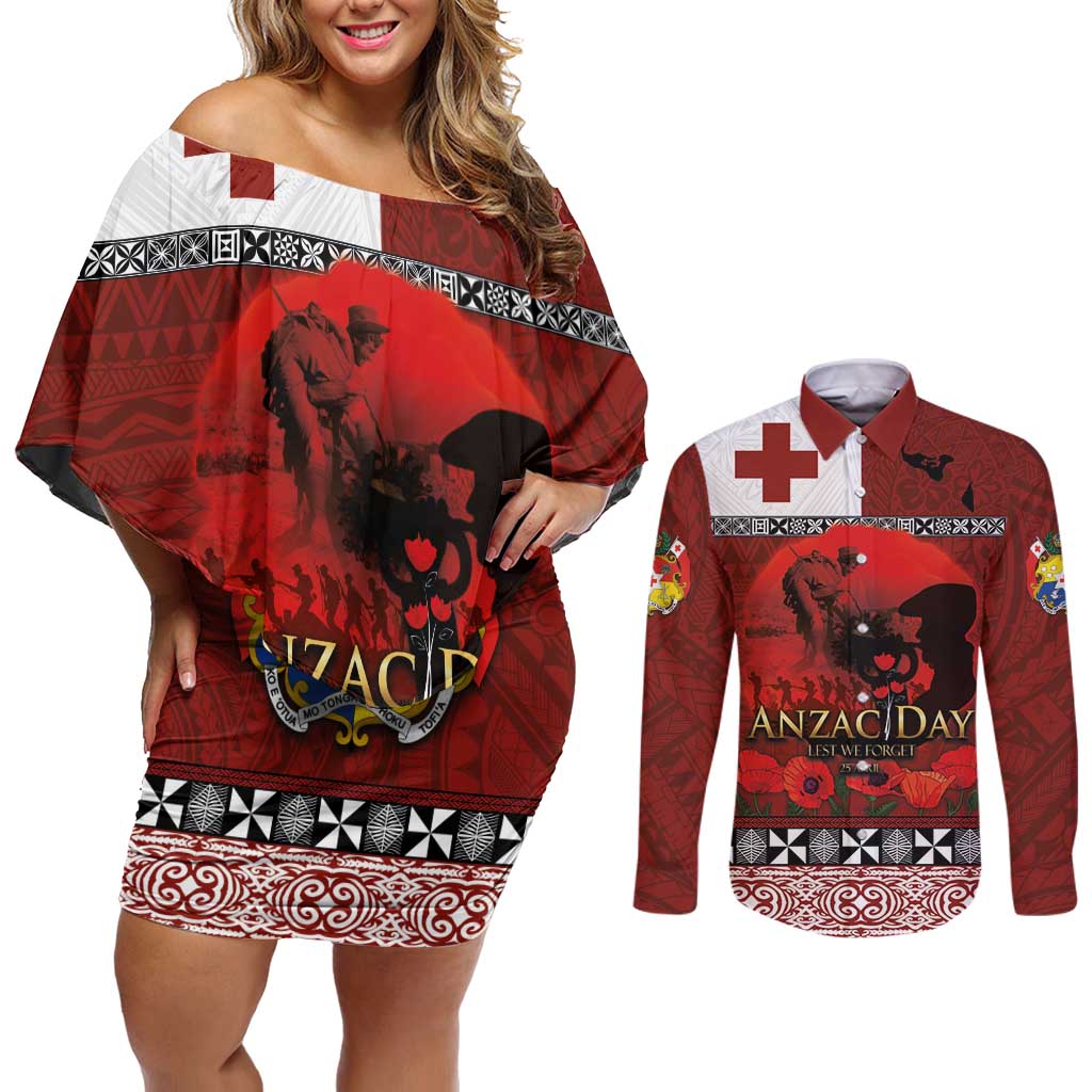 Tonga ANZAC Day Couples Matching Off Shoulder Short Dress and Long Sleeve Button Shirt Gallipoli Lest We Forget Ngatu Art Tribal