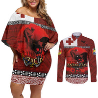 Tonga ANZAC Day Couples Matching Off Shoulder Short Dress and Long Sleeve Button Shirt Gallipoli Lest We Forget Ngatu Art Tribal