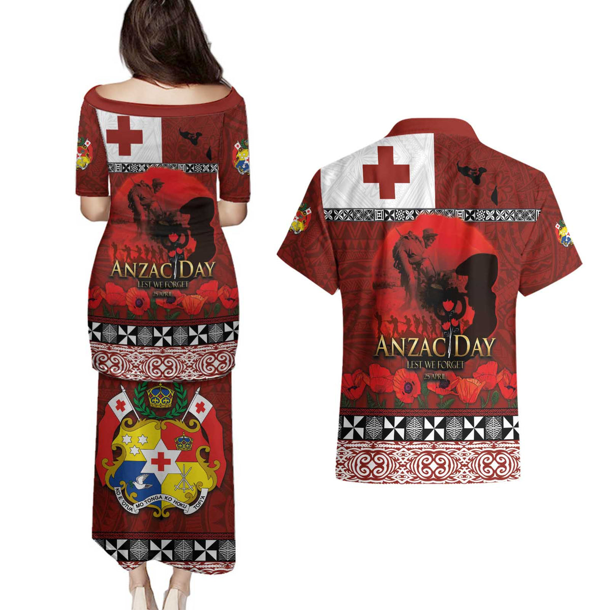 Tonga ANZAC Day Couples Matching Puletasi and Hawaiian Shirt Gallipoli Lest We Forget Ngatu Art Tribal