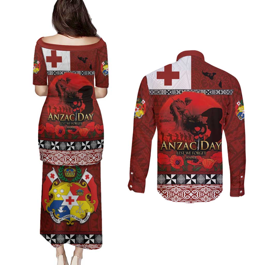 Tonga ANZAC Day Couples Matching Puletasi and Long Sleeve Button Shirt Gallipoli Lest We Forget Ngatu Art Tribal