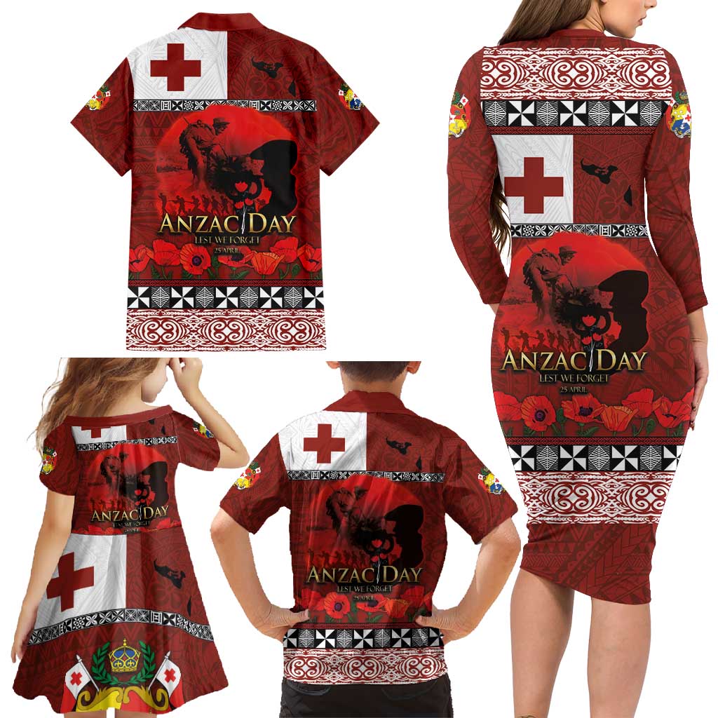 Tonga ANZAC Day Family Matching Long Sleeve Bodycon Dress and Hawaiian Shirt Gallipoli Lest We Forget Ngatu Art Tribal LT03 - Polynesian Pride