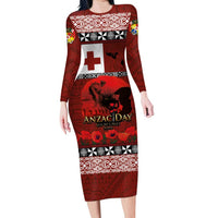 Tonga ANZAC Day Family Matching Long Sleeve Bodycon Dress and Hawaiian Shirt Gallipoli Lest We Forget Ngatu Art Tribal LT03 Mom's Dress Red - Polynesian Pride