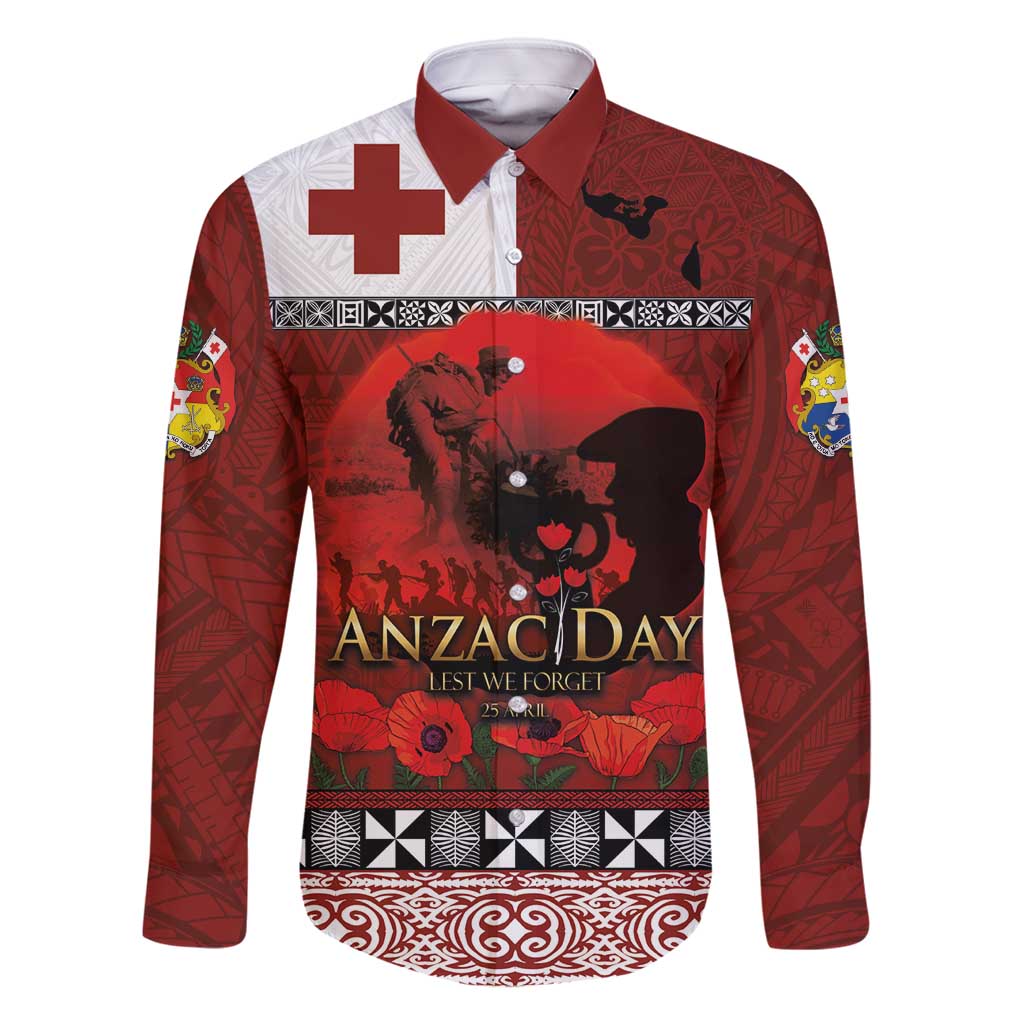 Tonga ANZAC Day Family Matching Mermaid Dress and Hawaiian Shirt Gallipoli Lest We Forget Ngatu Art Tribal LT03 Dad's Shirt - Long Sleeve Red - Polynesian Pride