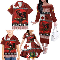 Tonga ANZAC Day Family Matching Off The Shoulder Long Sleeve Dress and Hawaiian Shirt Gallipoli Lest We Forget Ngatu Art Tribal