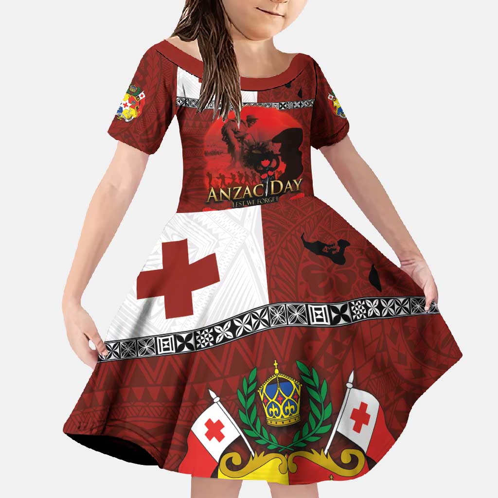 Tonga ANZAC Day Family Matching Off Shoulder Maxi Dress and Hawaiian Shirt Gallipoli Lest We Forget Ngatu Art Tribal LT03 Daughter's Dress Red - Polynesian Pride