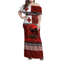 Tonga ANZAC Day Family Matching Off Shoulder Maxi Dress and Hawaiian Shirt Gallipoli Lest We Forget Ngatu Art Tribal LT03 Mom's Dress Red - Polynesian Pride