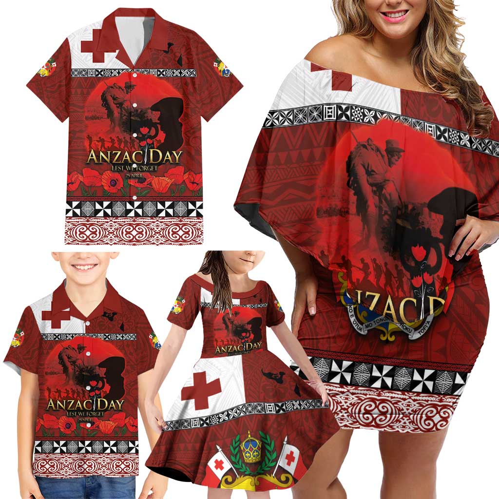 Tonga ANZAC Day Family Matching Off Shoulder Short Dress and Hawaiian Shirt Gallipoli Lest We Forget Ngatu Art Tribal LT03 - Polynesian Pride