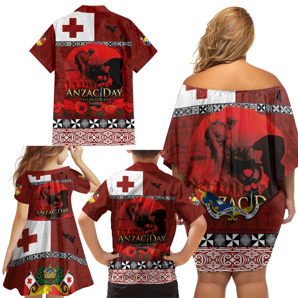 Tonga ANZAC Day Family Matching Off Shoulder Short Dress and Hawaiian Shirt Gallipoli Lest We Forget Ngatu Art Tribal LT03 - Polynesian Pride