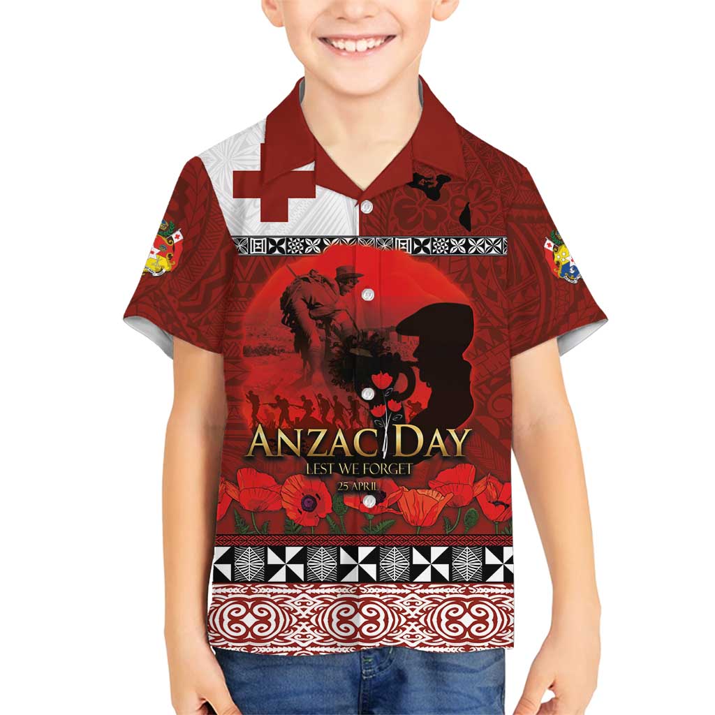 Tonga ANZAC Day Family Matching Off Shoulder Short Dress and Hawaiian Shirt Gallipoli Lest We Forget Ngatu Art Tribal LT03 Son's Shirt Red - Polynesian Pride