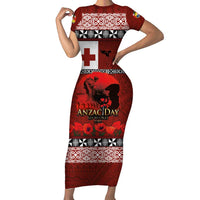 Tonga ANZAC Day Family Matching Short Sleeve Bodycon Dress and Hawaiian Shirt Gallipoli Lest We Forget Ngatu Art Tribal LT03 Mom's Dress Red - Polynesian Pride