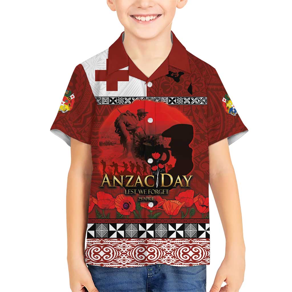 Tonga ANZAC Day Family Matching Short Sleeve Bodycon Dress and Hawaiian Shirt Gallipoli Lest We Forget Ngatu Art Tribal LT03 Son's Shirt Red - Polynesian Pride