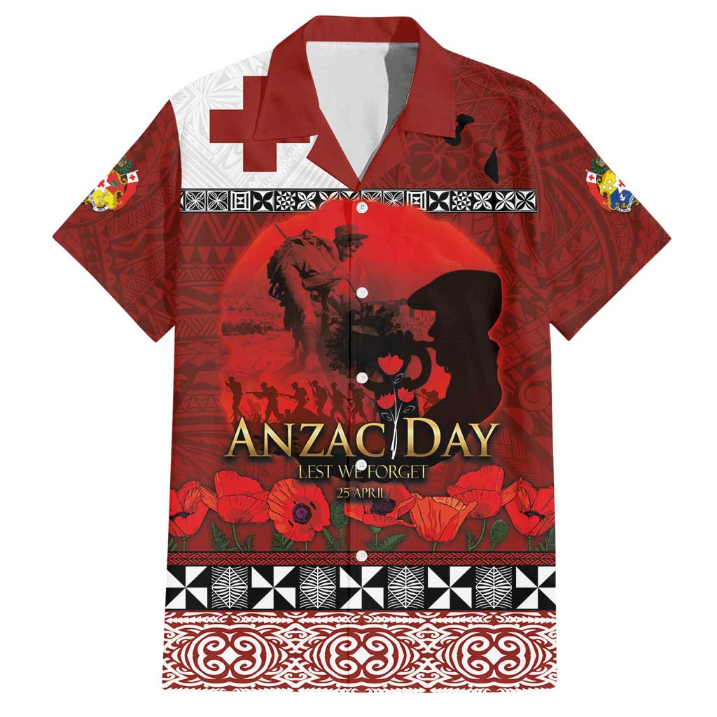 Tonga ANZAC Day Family Matching Tank Maxi Dress and Hawaiian Shirt Gallipoli Lest We Forget Ngatu Art Tribal LT03 Dad's Shirt - Short Sleeve Red - Polynesian Pride