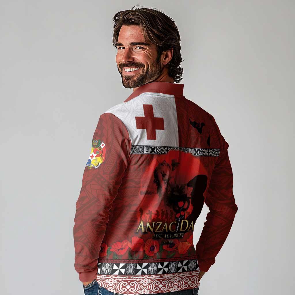 Tonga ANZAC Day Long Sleeve Polo Shirt Gallipoli Lest We Forget Ngatu Art Tribal