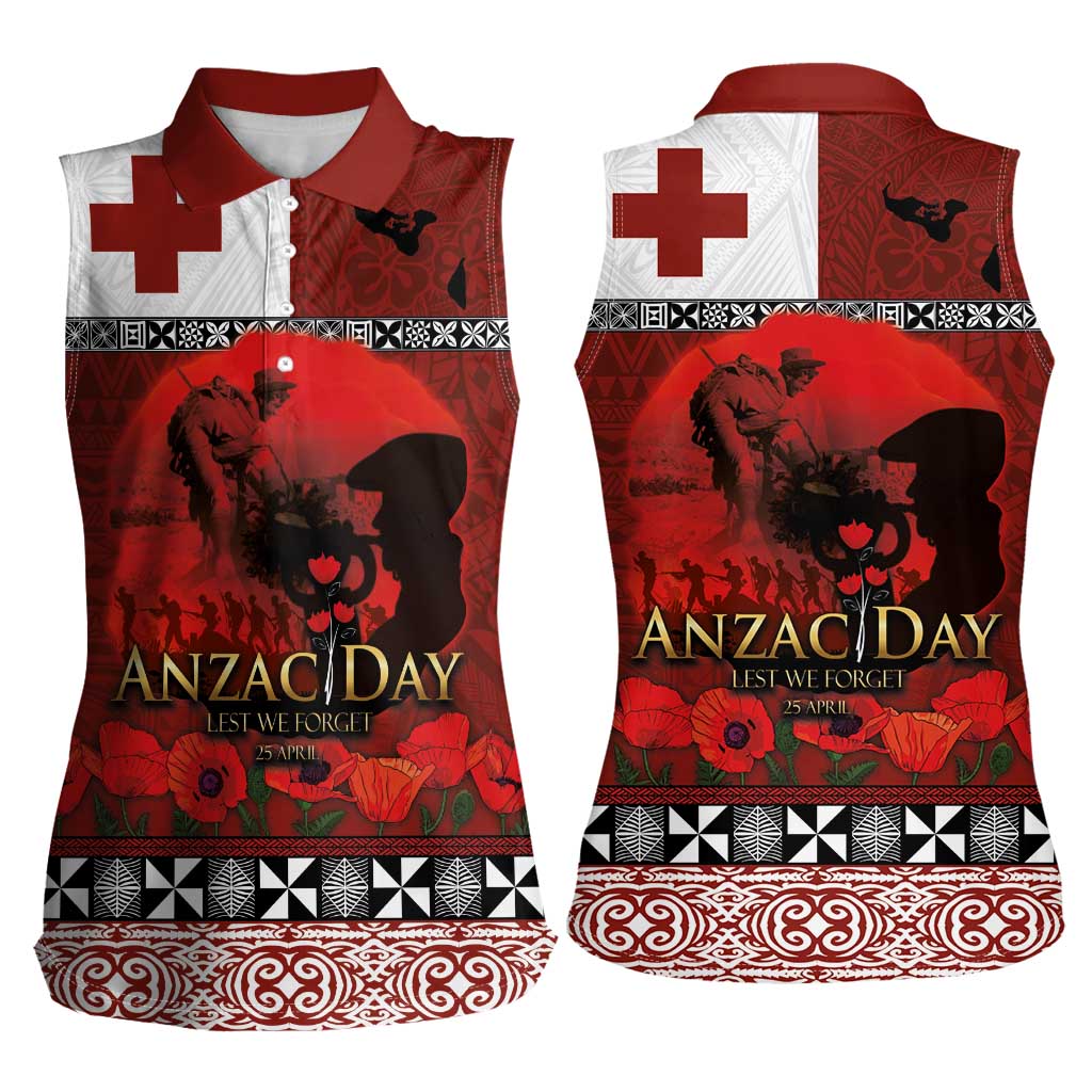 Tonga ANZAC Day Women Sleeveless Polo Shirt Gallipoli Lest We Forget Ngatu Art Tribal