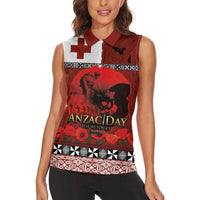 Tonga ANZAC Day Women Sleeveless Polo Shirt Gallipoli Lest We Forget Ngatu Art Tribal
