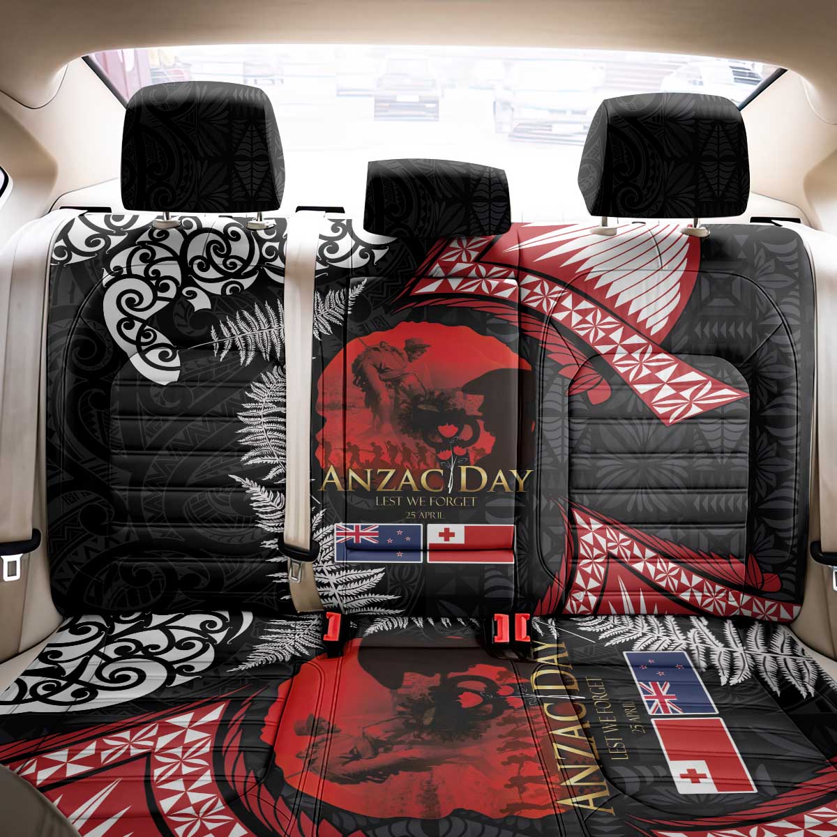Tonga and New Zealand ANZAC Day Back Car Seat Cover Gallipoli Lest We Forget Ngatu Art Tribal and Maori Tattoo with Fern LT03 - Polynesian Pride