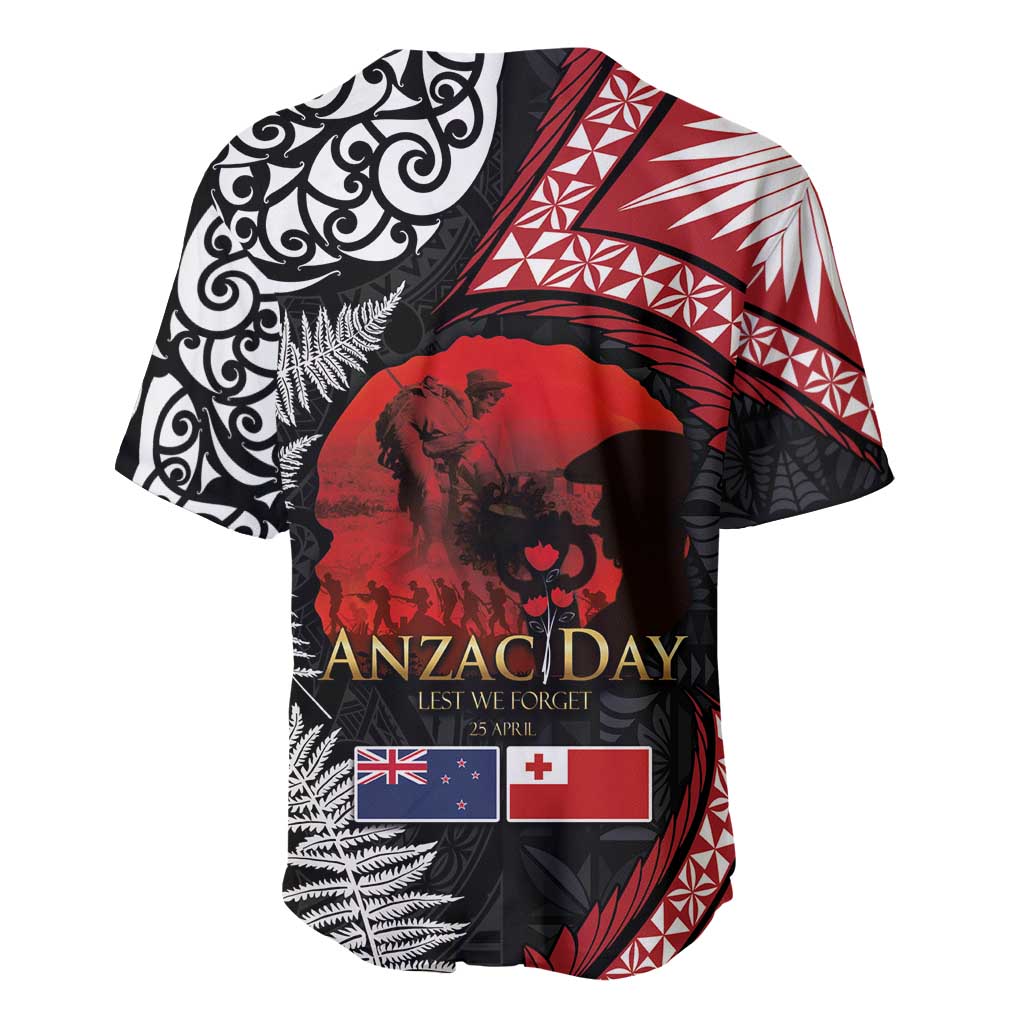 Tonga and New Zealand ANZAC Day Baseball Jersey Gallipoli Lest We Forget Ngatu Art Tribal and Maori Tattoo with Fern LT03 - Polynesian Pride