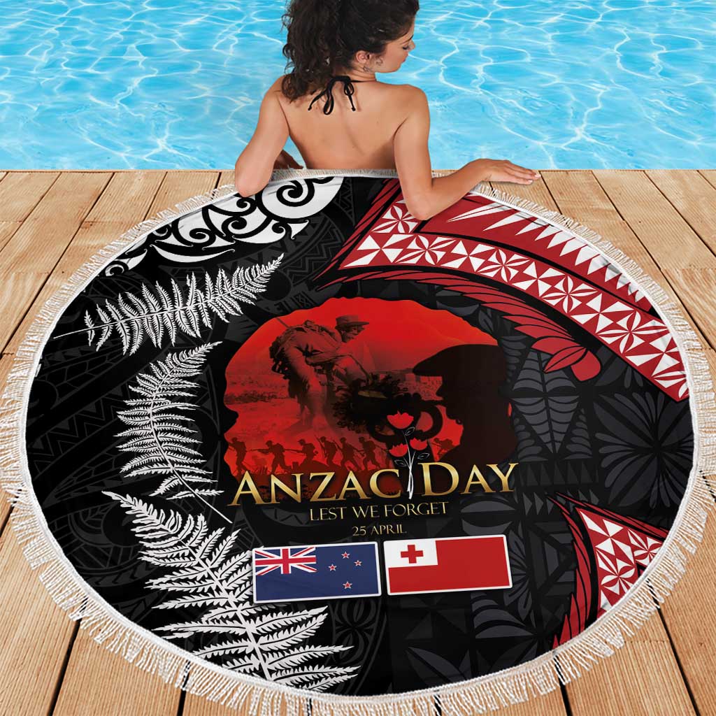 Tonga and New Zealand ANZAC Day Beach Blanket Gallipoli Lest We Forget Ngatu Art Tribal and Maori Tattoo with Fern LT03