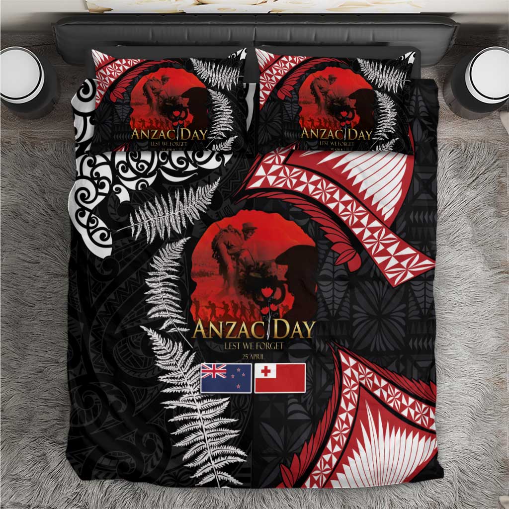 Tonga and New Zealand ANZAC Day Bedding Set Gallipoli Lest We Forget Ngatu Art Tribal and Maori Tattoo with Fern LT03 Black - Polynesian Pride