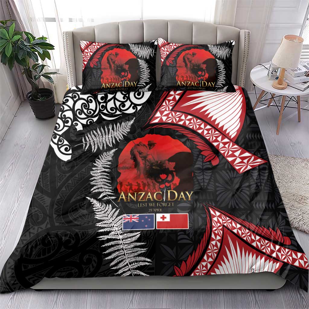 Tonga and New Zealand ANZAC Day Bedding Set Gallipoli Lest We Forget Ngatu Art Tribal and Maori Tattoo with Fern LT03 - Polynesian Pride