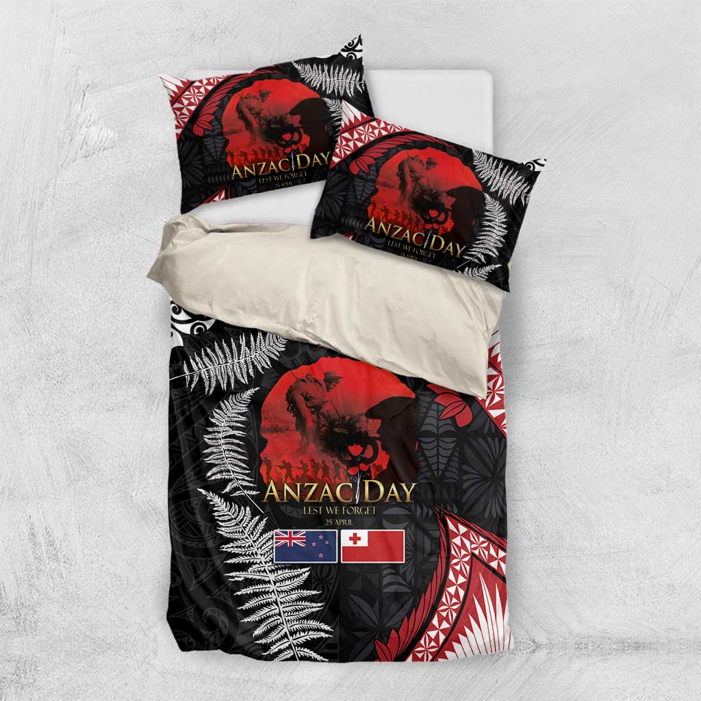 Tonga and New Zealand ANZAC Day Bedding Set Gallipoli Lest We Forget Ngatu Art Tribal and Maori Tattoo with Fern LT03 US Twin 172cm x 218cm Black - Polynesian Pride