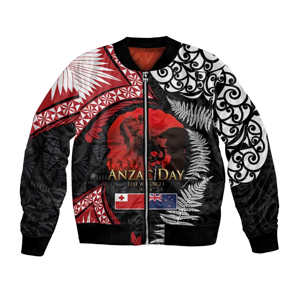 Tonga and New Zealand ANZAC Day Bomber Jacket Gallipoli Lest We Forget Ngatu Art Tribal and Maori Tattoo with Fern LT03 Unisex Black - Polynesian Pride