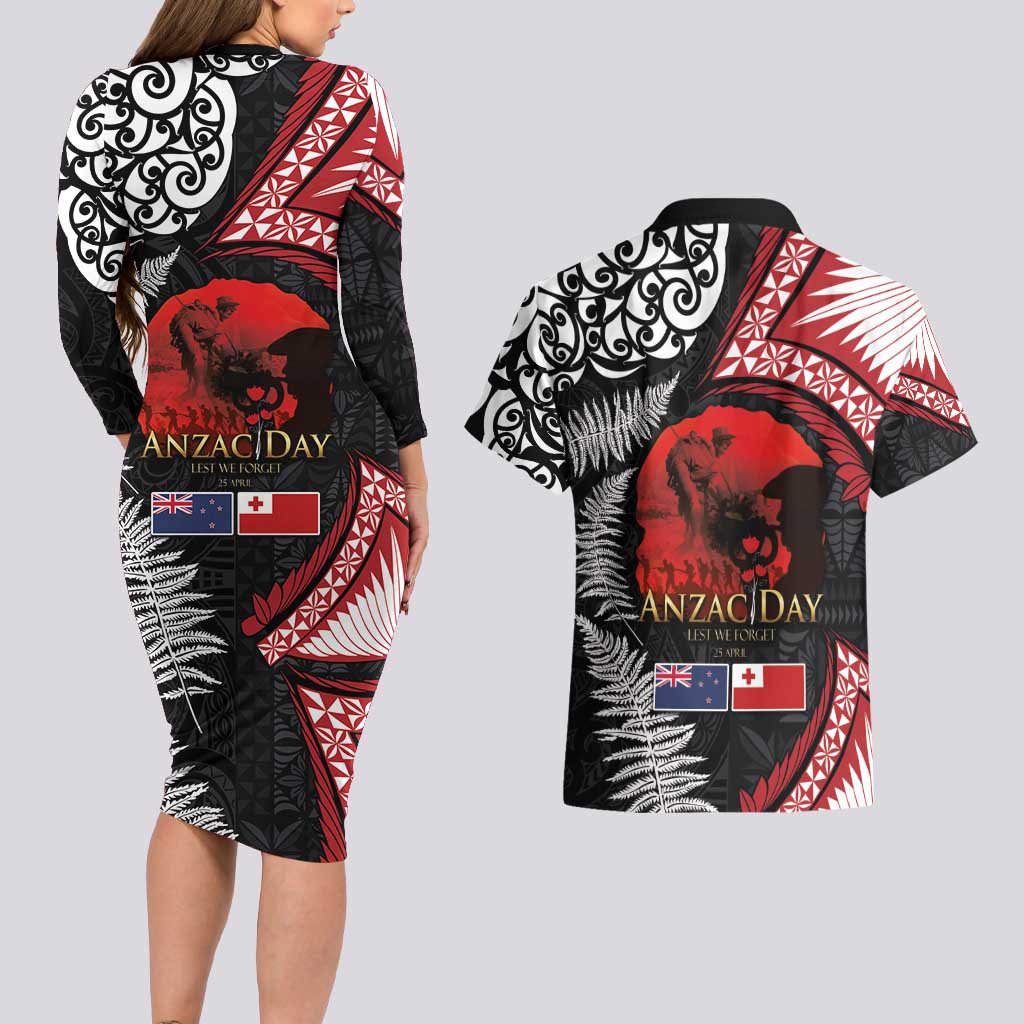 Tonga and New Zealand ANZAC Day Couples Matching Long Sleeve Bodycon Dress and Hawaiian Shirt Gallipoli Lest We Forget Ngatu Art Tribal and Maori Tattoo with Fern LT03 - Polynesian Pride