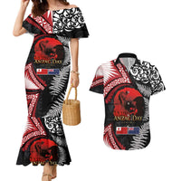 Tonga and New Zealand ANZAC Day Couples Matching Mermaid Dress and Hawaiian Shirt Gallipoli Lest We Forget Ngatu Art Tribal and Maori Tattoo with Fern LT03 Black - Polynesian Pride