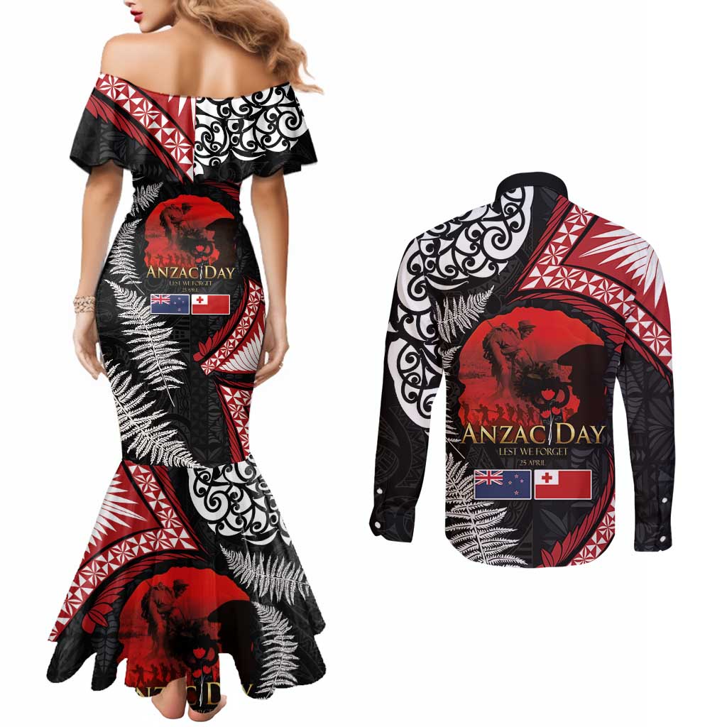 Tonga and New Zealand ANZAC Day Couples Matching Mermaid Dress and Long Sleeve Button Shirt Gallipoli Lest We Forget Ngatu Art Tribal and Maori Tattoo with Fern LT03 - Polynesian Pride