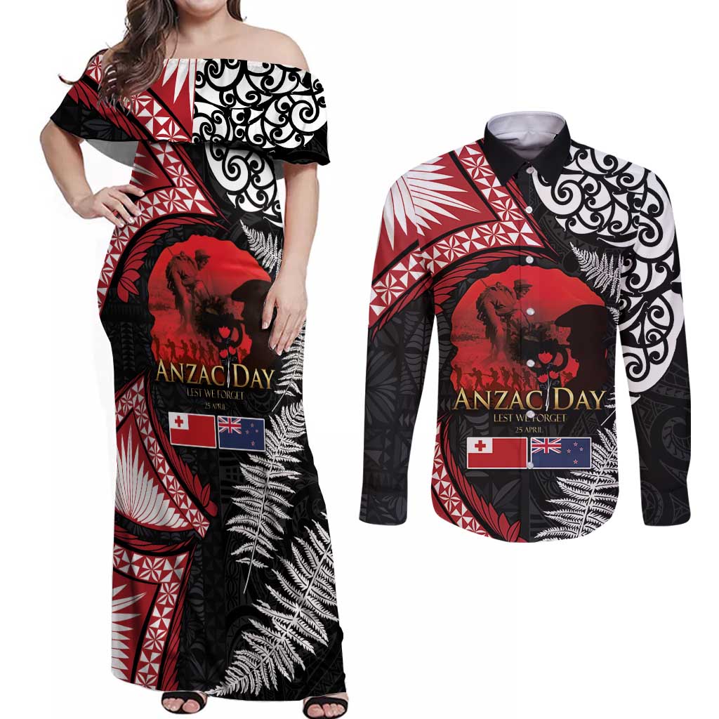 Tonga and New Zealand ANZAC Day Couples Matching Off Shoulder Maxi Dress and Long Sleeve Button Shirt Gallipoli Lest We Forget Ngatu Art Tribal and Maori Tattoo with Fern LT03 Black - Polynesian Pride
