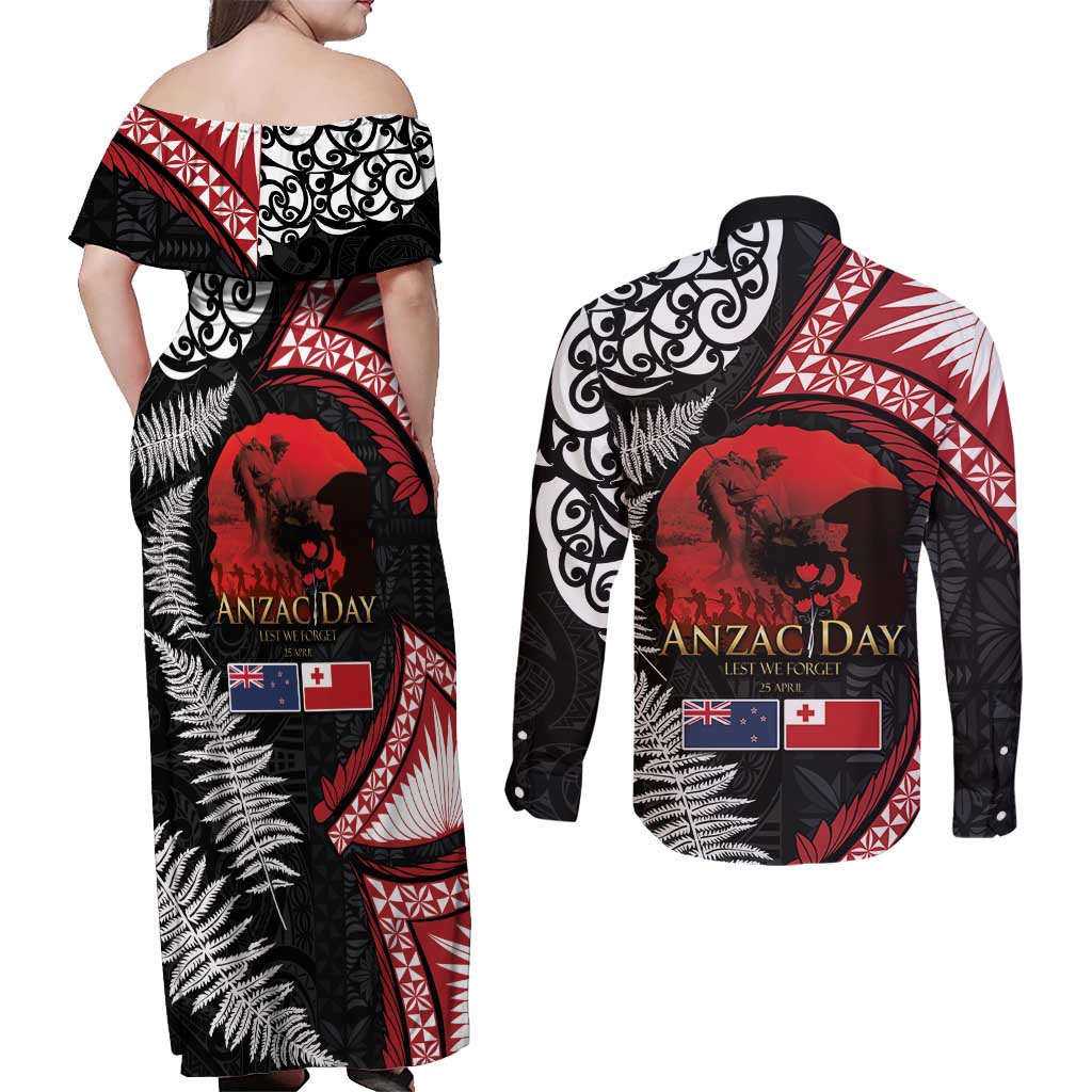 Tonga and New Zealand ANZAC Day Couples Matching Off Shoulder Maxi Dress and Long Sleeve Button Shirt Gallipoli Lest We Forget Ngatu Art Tribal and Maori Tattoo with Fern LT03 - Polynesian Pride
