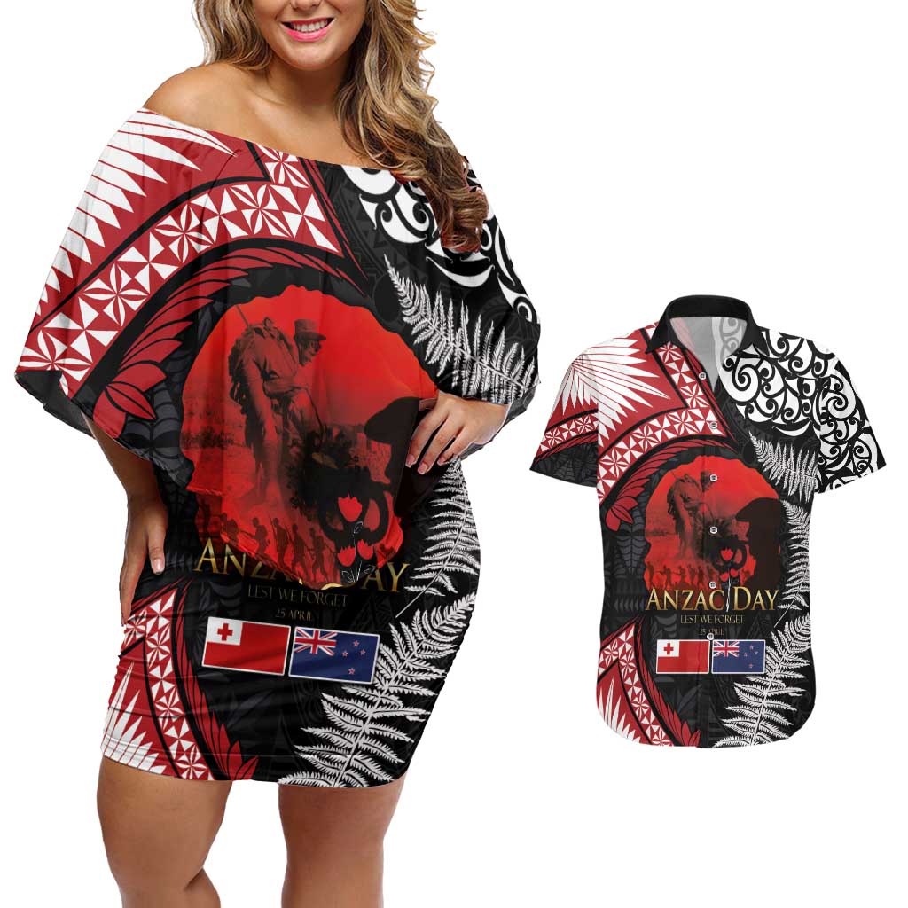 Tonga and New Zealand ANZAC Day Couples Matching Off Shoulder Short Dress and Hawaiian Shirt Gallipoli Lest We Forget Ngatu Art Tribal and Maori Tattoo with Fern LT03 Black - Polynesian Pride