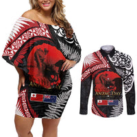 Tonga and New Zealand ANZAC Day Couples Matching Off Shoulder Short Dress and Long Sleeve Button Shirt Gallipoli Lest We Forget Ngatu Art Tribal and Maori Tattoo with Fern LT03 Black - Polynesian Pride