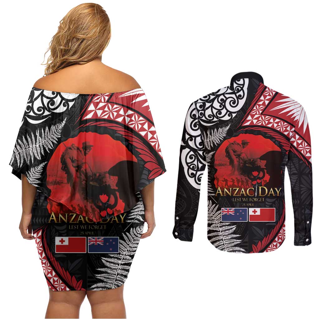 Tonga and New Zealand ANZAC Day Couples Matching Off Shoulder Short Dress and Long Sleeve Button Shirt Gallipoli Lest We Forget Ngatu Art Tribal and Maori Tattoo with Fern LT03 - Polynesian Pride