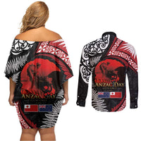Tonga and New Zealand ANZAC Day Couples Matching Off Shoulder Short Dress and Long Sleeve Button Shirt Gallipoli Lest We Forget Ngatu Art Tribal and Maori Tattoo with Fern LT03 - Polynesian Pride