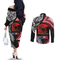 Tonga and New Zealand ANZAC Day Couples Matching Off The Shoulder Long Sleeve Dress and Long Sleeve Button Shirt Gallipoli Lest We Forget Ngatu Art Tribal and Maori Tattoo with Fern LT03 - Polynesian Pride