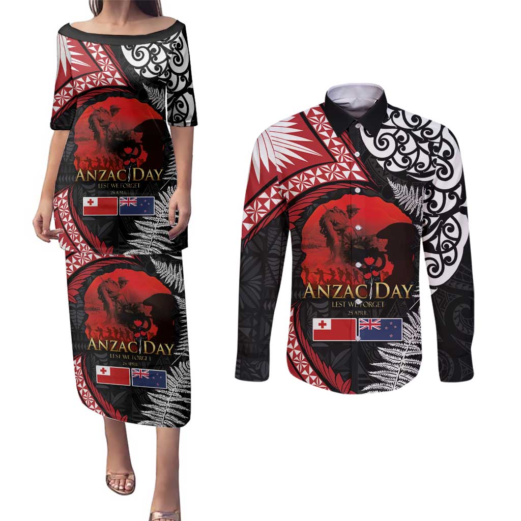 Tonga and New Zealand ANZAC Day Couples Matching Puletasi and Long Sleeve Button Shirt Gallipoli Lest We Forget Ngatu Art Tribal and Maori Tattoo with Fern LT03