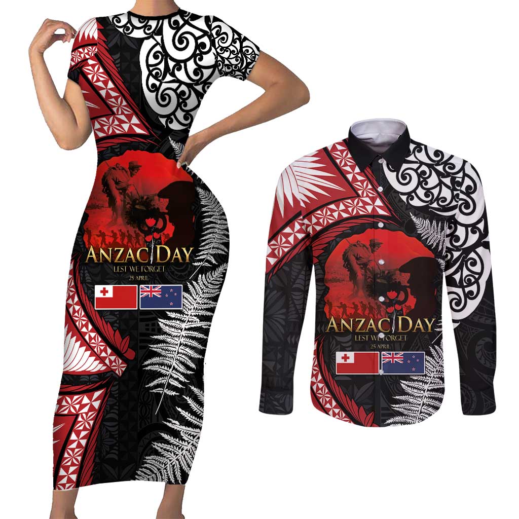 Tonga and New Zealand ANZAC Day Couples Matching Short Sleeve Bodycon Dress and Long Sleeve Button Shirt Gallipoli Lest We Forget Ngatu Art Tribal and Maori Tattoo with Fern LT03