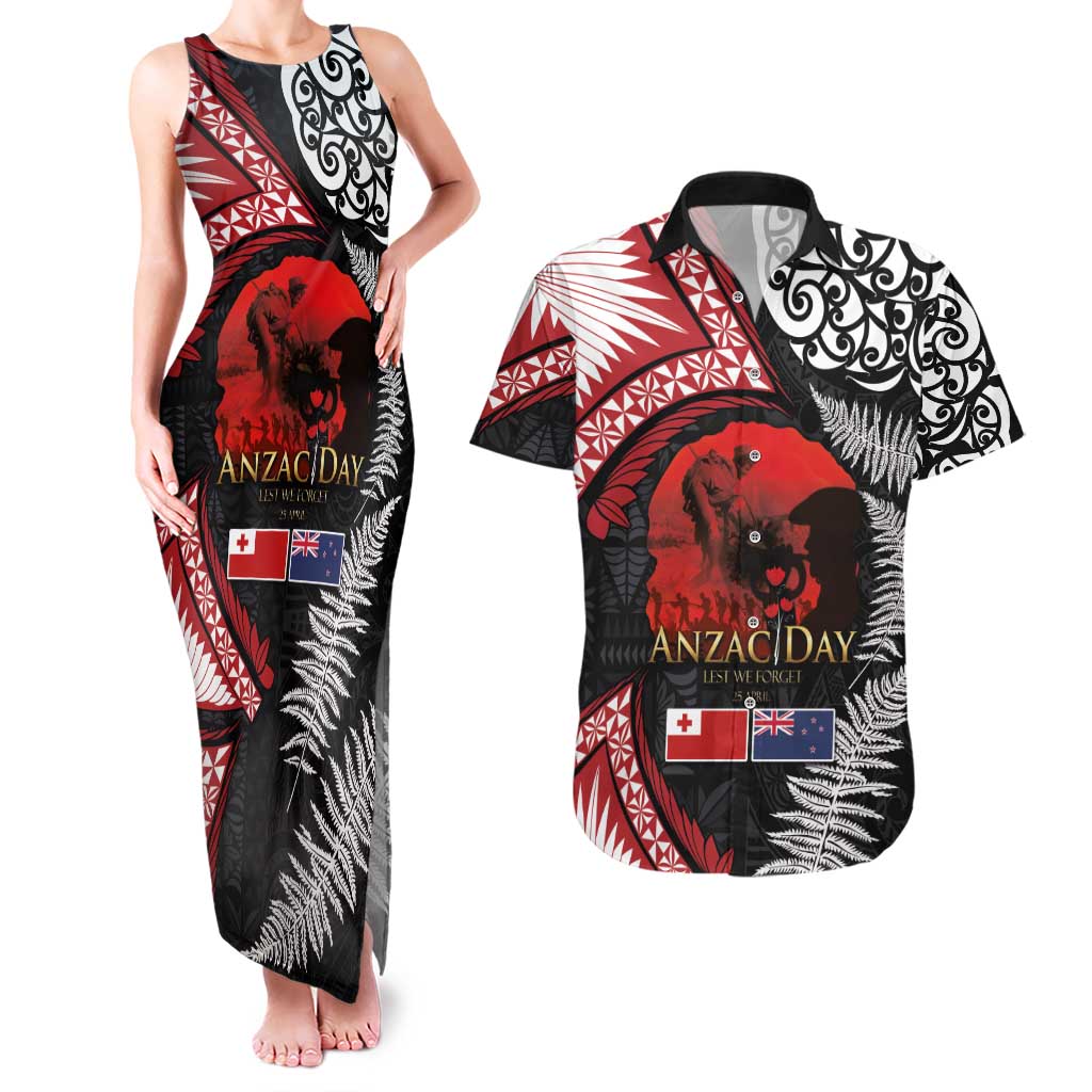 Tonga and New Zealand ANZAC Day Couples Matching Tank Maxi Dress and Hawaiian Shirt Gallipoli Lest We Forget Ngatu Art Tribal and Maori Tattoo with Fern LT03 Black - Polynesian Pride