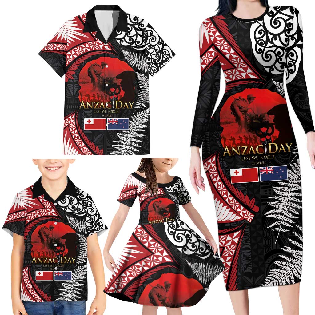 Tonga and New Zealand ANZAC Day Family Matching Long Sleeve Bodycon Dress and Hawaiian Shirt Gallipoli Lest We Forget Ngatu Art Tribal and Maori Tattoo with Fern LT03 - Polynesian Pride