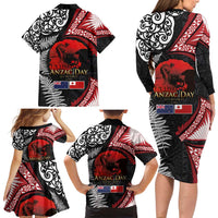 Tonga and New Zealand ANZAC Day Family Matching Long Sleeve Bodycon Dress and Hawaiian Shirt Gallipoli Lest We Forget Ngatu Art Tribal and Maori Tattoo with Fern LT03 - Polynesian Pride