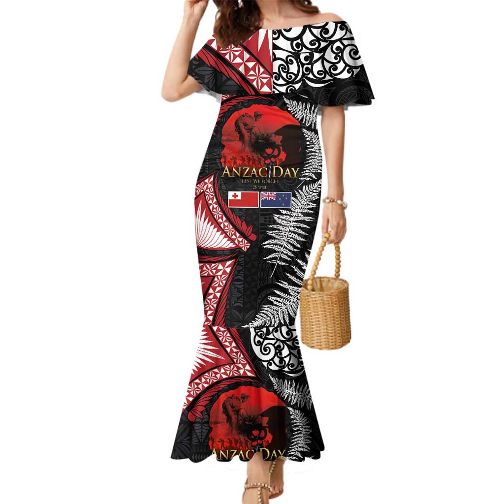 Tonga and New Zealand ANZAC Day Family Matching Mermaid Dress and Hawaiian Shirt Gallipoli Lest We Forget Ngatu Art Tribal and Maori Tattoo with Fern LT03 Mom's Dress Black - Polynesian Pride